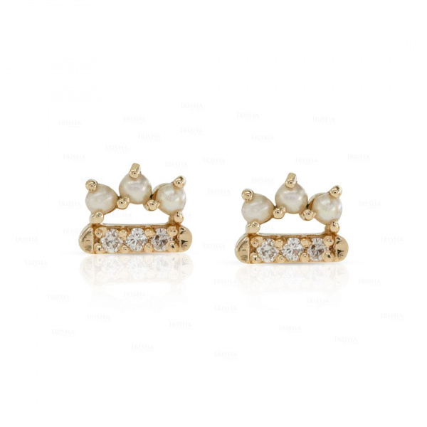 0.03Ct. VS Diamond Freshwater Tiny Bar Design Pearl Stud-Earrings in 14k Gold