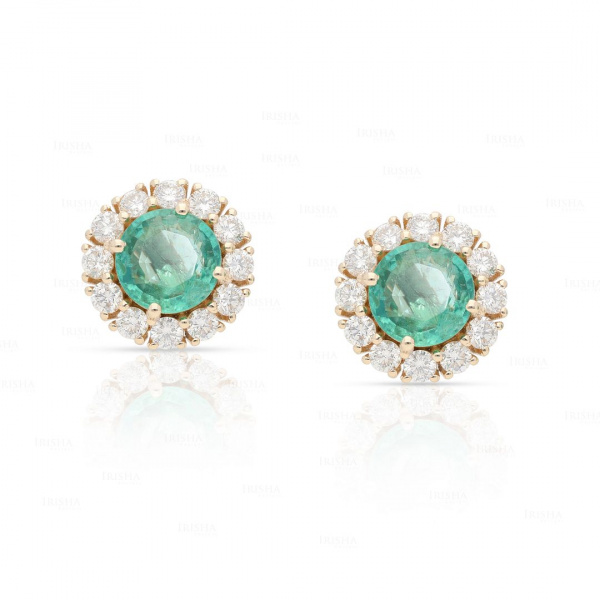 Round Cut Emerald With 0.90 Ct. Genuine Diamond Halo Studs | 14k Gold