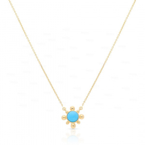 14K Gold 0.60Ct. Genuine Turquoise Gemstone Floral Pendant Necklace Fine Jewelry