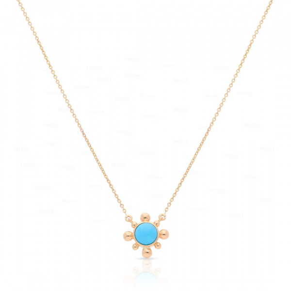 14K Gold 0.60Ct. Genuine Turquoise Gemstone Floral Pendant Necklace Fine Jewelry