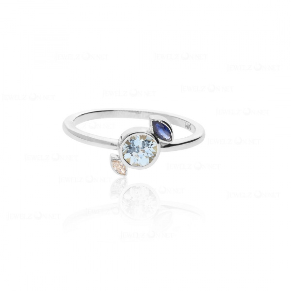 14K Gold Genuine Diamond Blue Sapphire And Aquamarine Gemstone Delicate Ring