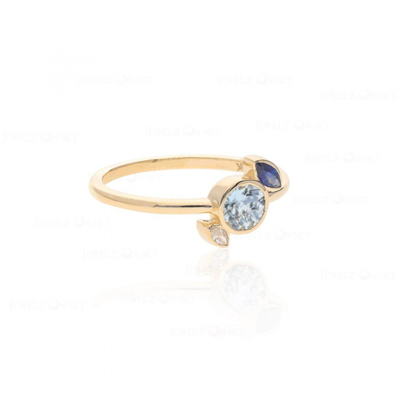 14K Gold Genuine Diamond Blue Sapphire And Aquamarine Gemstone Delicate Ring