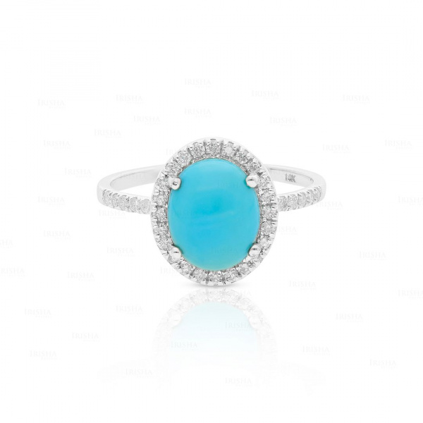 0.32Ct. Genuine Diamond Turquoise Stone Halo Design Ring 14k Gold Fine Jewelry