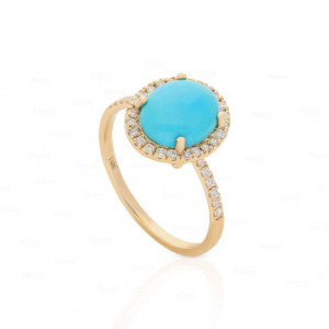 0.32Ct. Genuine Diamond Turquoise Stone Halo Design Ring 14k Gold Fine Jewelry