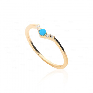 14K Gold Genuine Diamond Turquoise Gemstone Crown Wedding Ring Fine Jewelry
