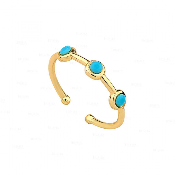 14K Gold 0.40 Ct. Real Three Bezel Set Turquoise Gemstone Open Cuff Ring