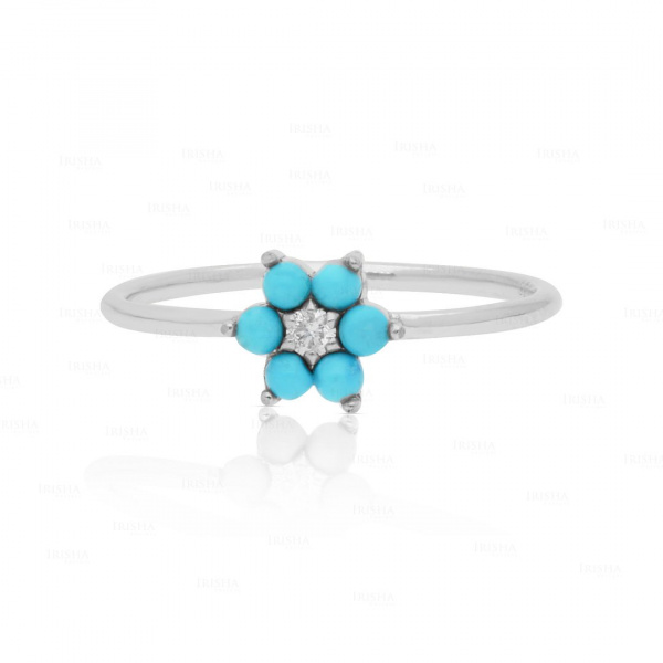 Genuine Diamond and Turquoise Gemstone Floral Ring 14K Gold Fine Jewelry