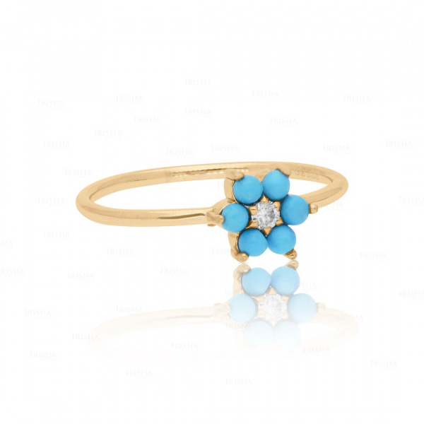 Genuine Diamond and Turquoise Gemstone Floral Ring 14K Gold Fine Jewelry