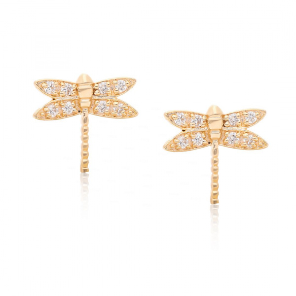 14K Gold 0.12 Ct. Genuine Diamond Dragonfly Stud Earrings Handmade Fine Jewelry