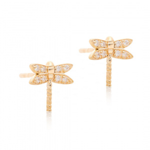 14K Gold 0.12 Ct. Genuine Diamond Dragonfly Stud Earrings Handmade Fine Jewelry
