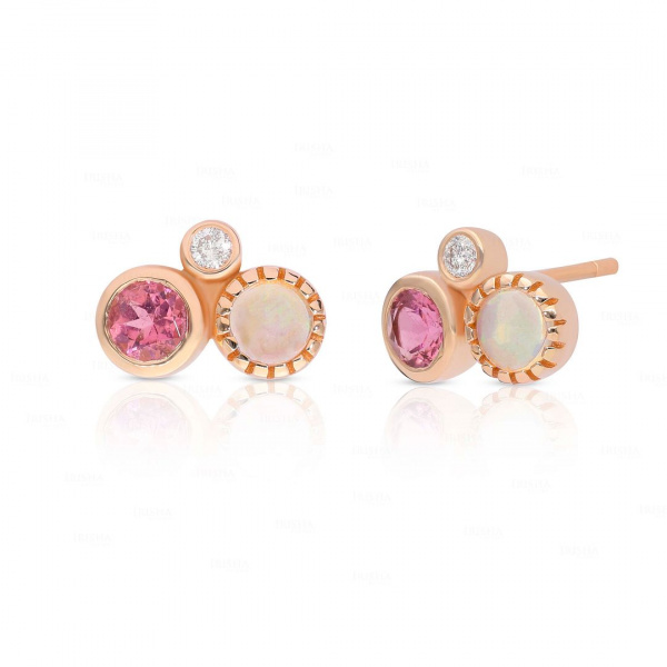 VS Diamond Bezel Set Opal Pink Tourmaline Studs October Stone 14k Gold Earrings