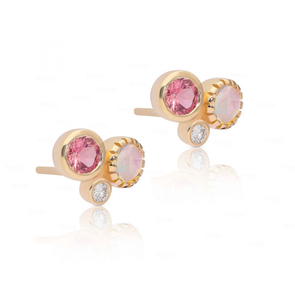 VS Diamond Bezel Set Opal Pink Tourmaline Studs October Stone 14k Gold Earrings