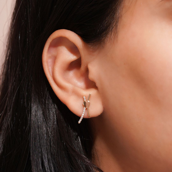 14K Gold 0.18 Ct. Genuine Diamond Heart & Bar Ear Climber Earrings Fine Jewelry