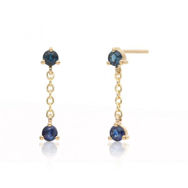 Genuine Blue Sapphire Gemstone Drop Link Chain Earring 14K Gold Fine Jewelry