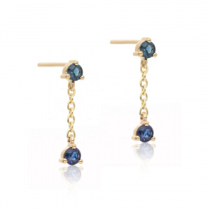 Genuine Blue Sapphire Gemstone Drop Link Chain Earring 14K Gold Fine Jewelry