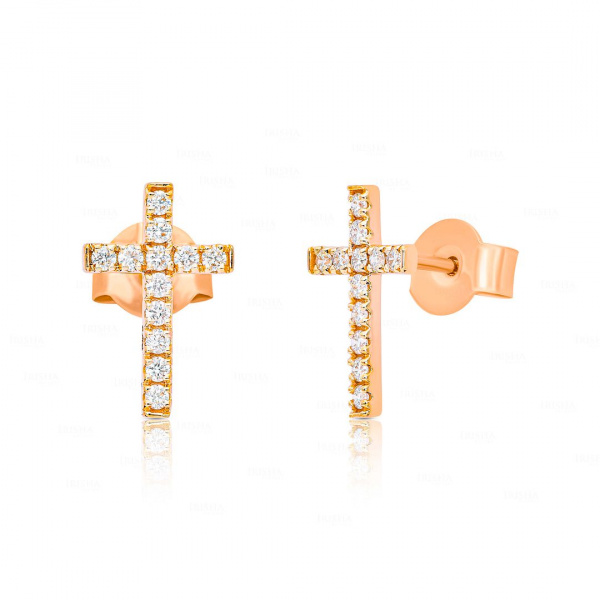 14K Gold 0.22 Ct. Genuine Diamond Crucifix Cross Studs Earrings Fine Jewelry