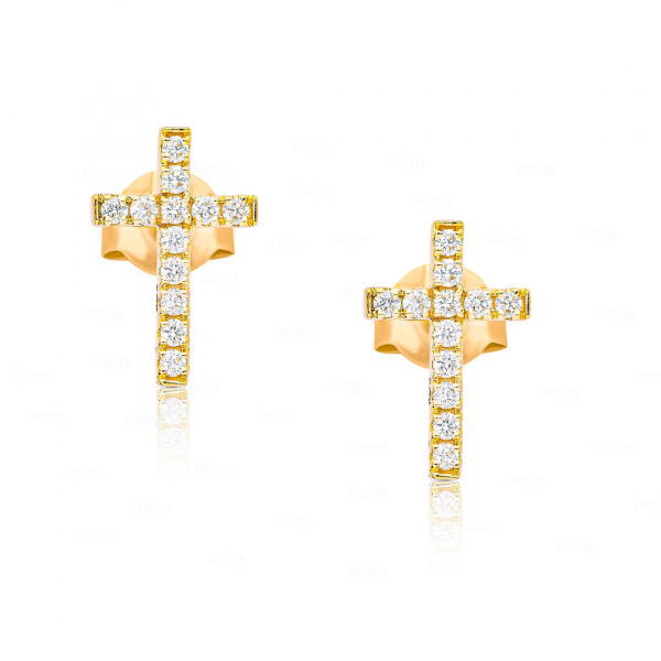 14K Gold 0.22 Ct. Genuine Diamond Crucifix Cross Studs Earrings Fine Jewelry