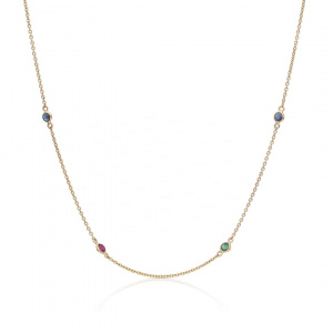 14K Gold Genuine Ruby Emerald And Blue Sapphire Gemstone Necklace Fine Jewelry