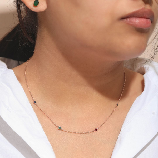 14K Gold Genuine Ruby Emerald And Blue Sapphire Gemstone Necklace Fine Jewelry