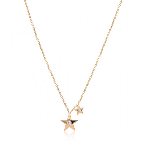 14K Gold 0.04 Ct. Genuine Diamond Double Star Necklace Christmas Fine Jewelry