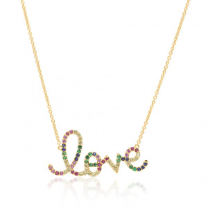 14K Gold Genuine Multi Sapphire Rainbow Love Pendant Necklace Fine Jewelry