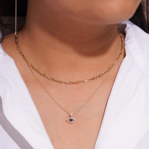 14K Gold Genuine Diamond-Blue Sapphire Evil Eye Pendant Necklace Fine Jewelry