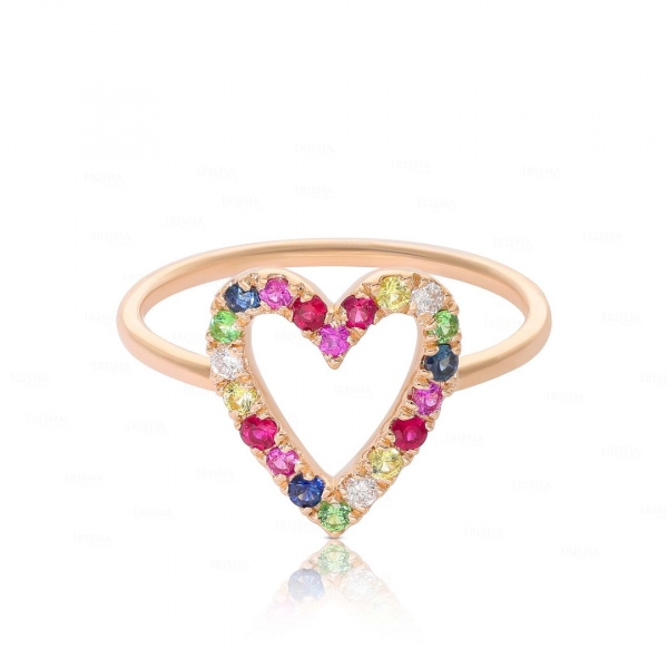 14K Gold Genuine Diamond And Multi Sapphire Gemstone Heart Design Wedding Ring