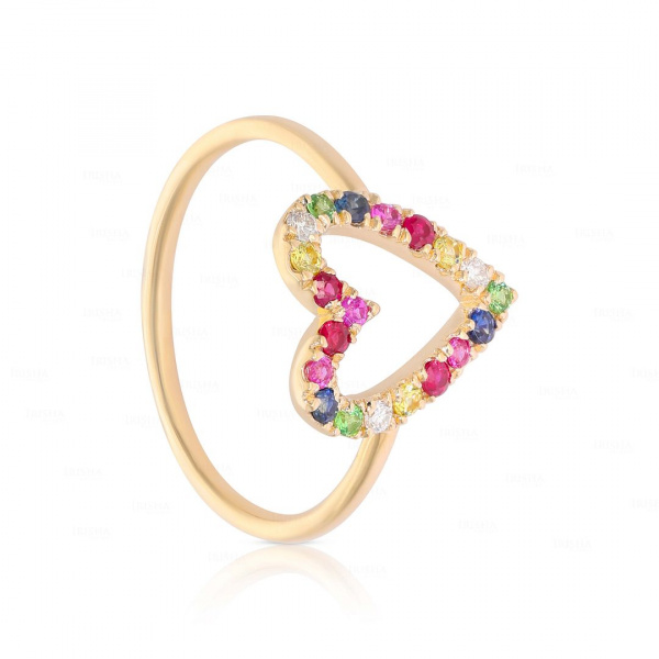 14K Gold Genuine Diamond And Multi Sapphire Gemstone Heart Design Wedding Ring