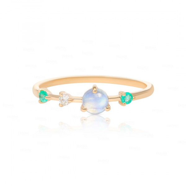 Diamond Gemstone Ring|14k Gold, Moonstone, Emerald