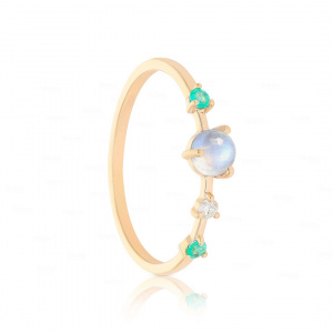 Diamond Gemstone Ring|14k Gold, Moonstone, Emerald